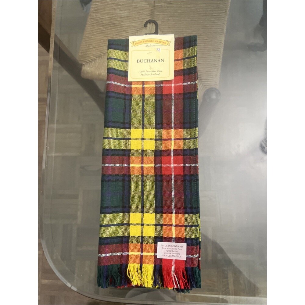 James Pringle Weavers Wool Tartan Plaid Fringed Scarf Winter Accessory Yellow